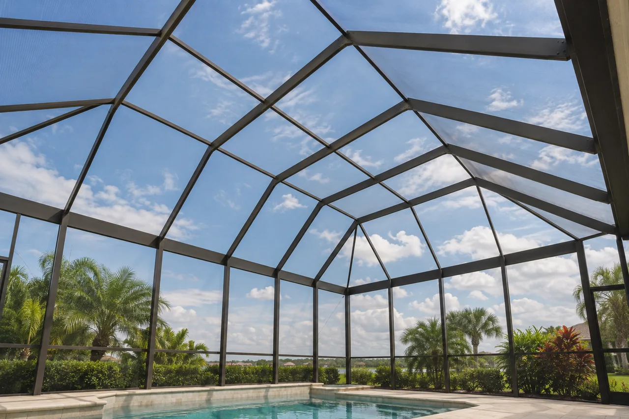 Tall bronze pool cage roof and upper screen panels viewed from below