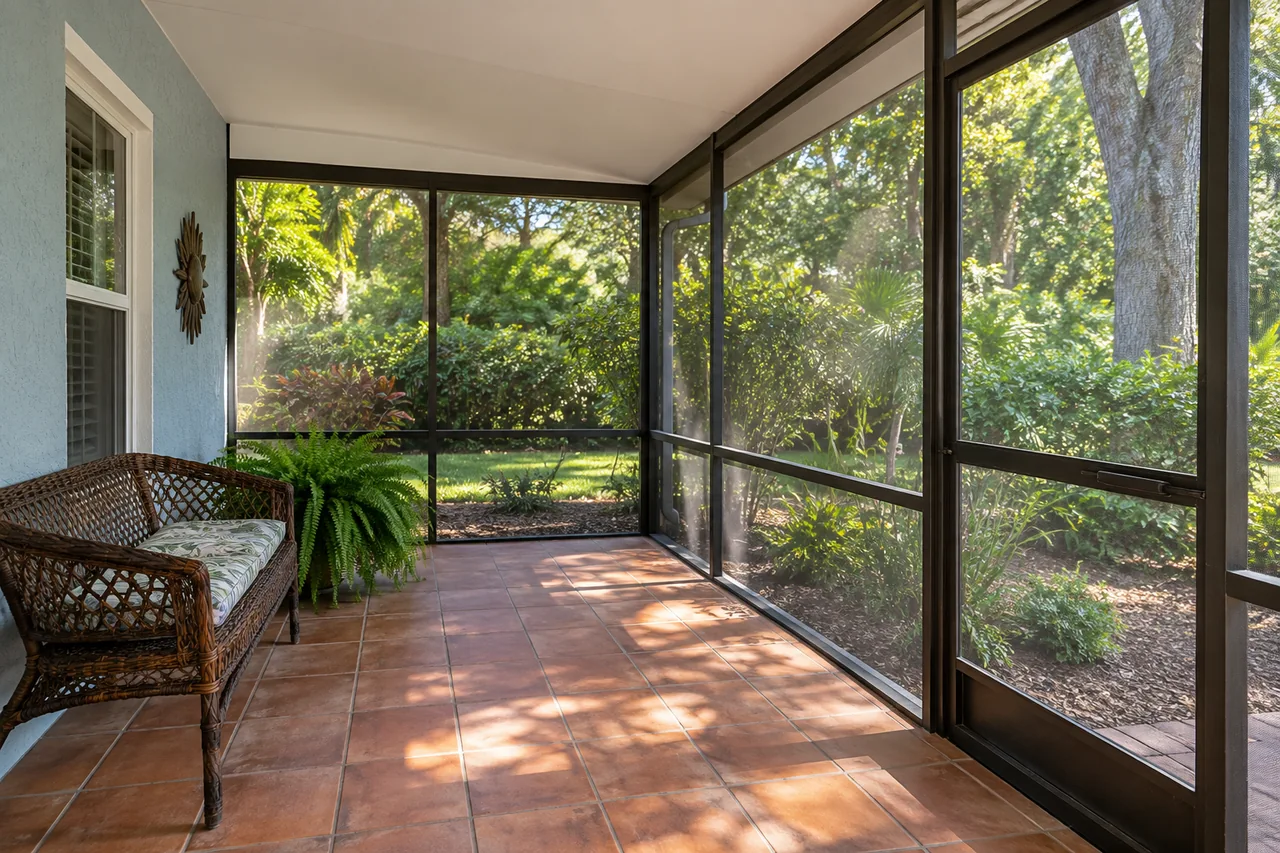 Screened porch with bronze framing, terracotta tiles, and garden seating