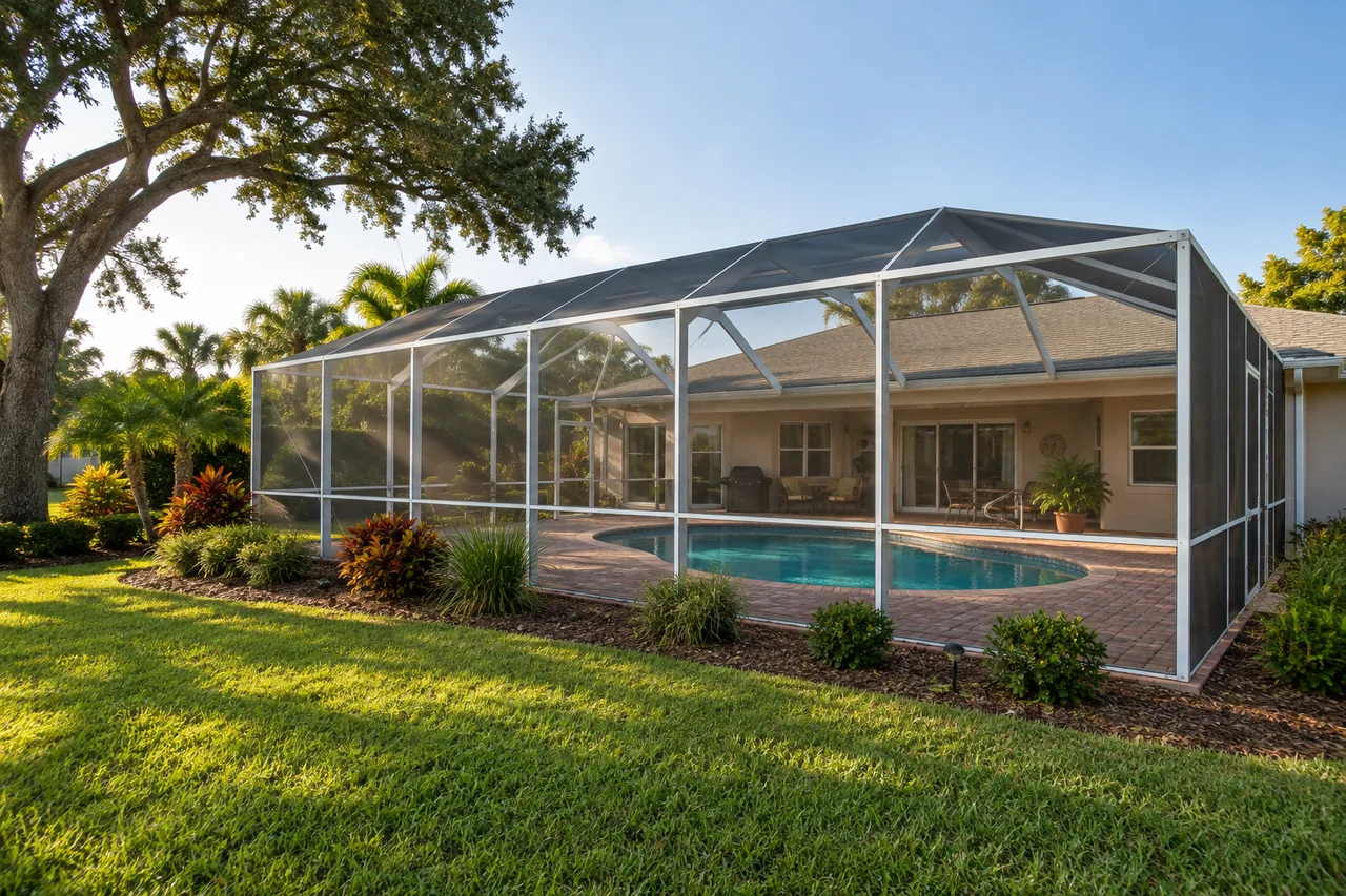 White pool enclosure beside a ranch-style home with a brick paver deck