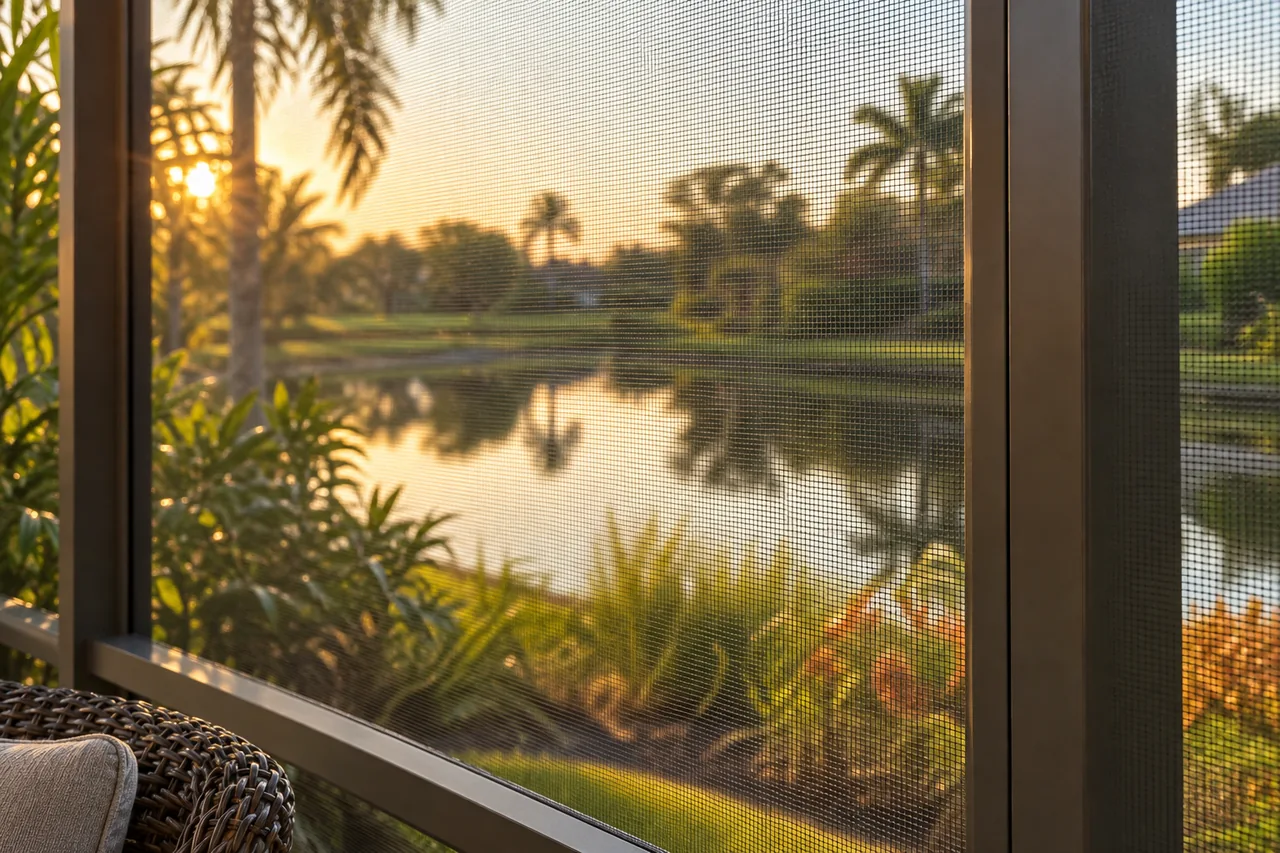 Fine charcoal insect screen in focus with a softly blurred waterside garden beyond