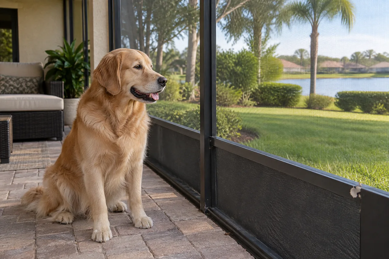 Golden retriever sitting beside the lower screen panels of a covered patio