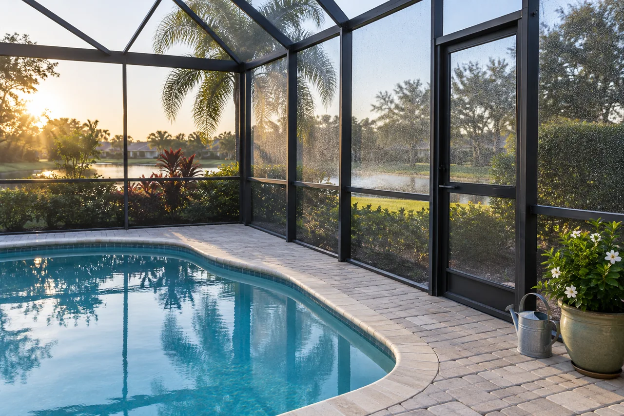 Clean pool enclosure corner with taut screens, a door frame, and a potted plant