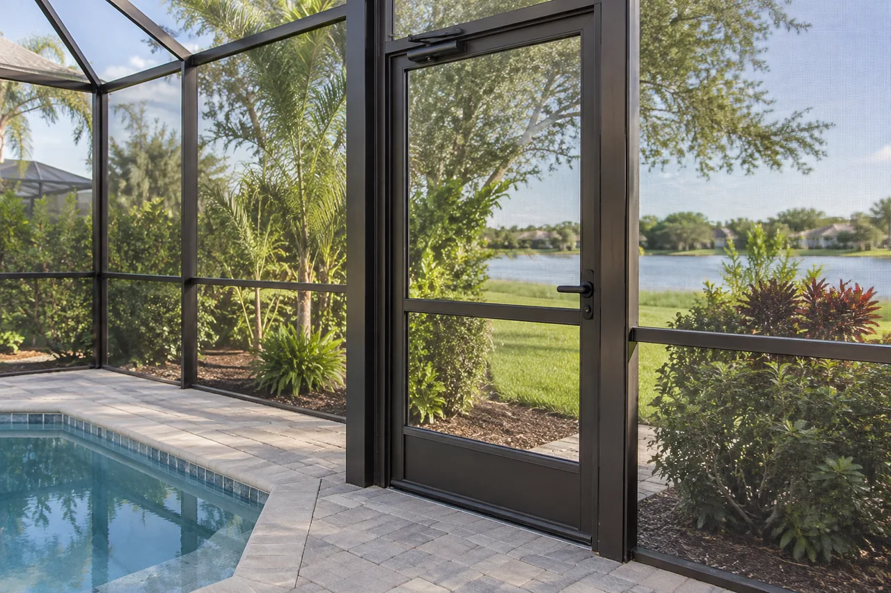Bronze pool screen door with a handle, closer, and lower kickplate