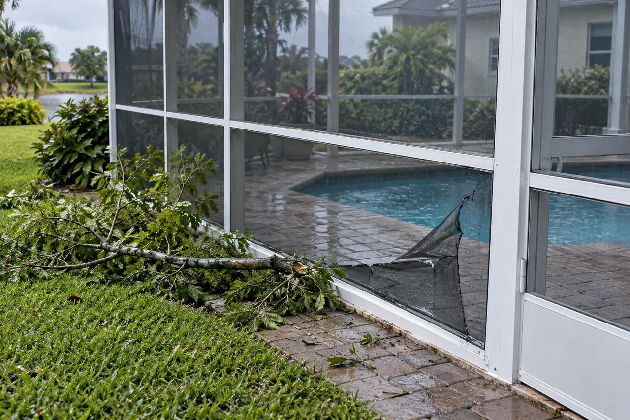 Small fallen tree branch beside a torn lower pool enclosure screen panel