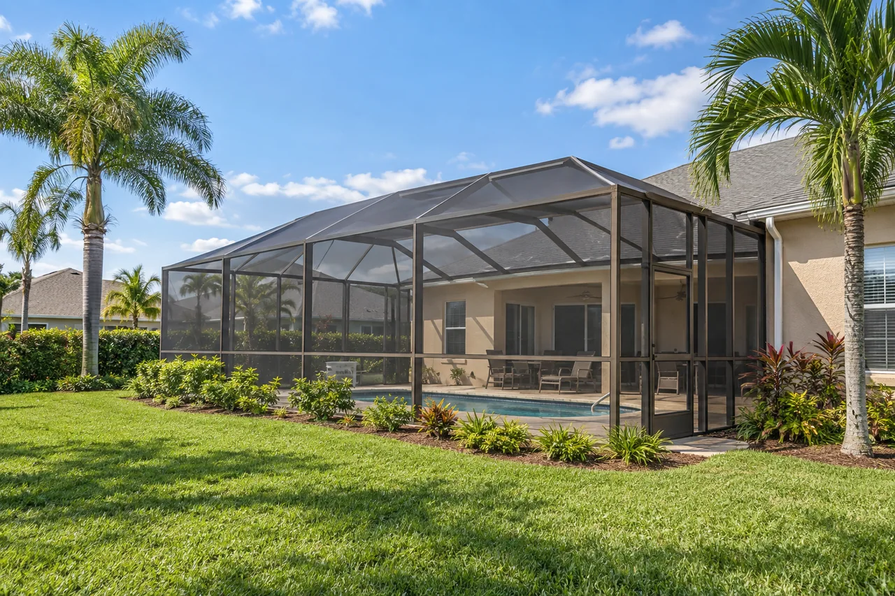 Screened backyard pool enclosure beside a light peach Florida home