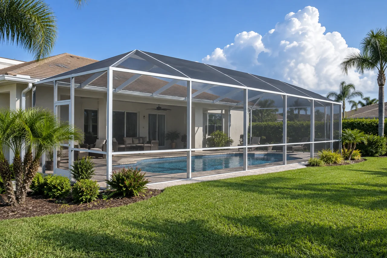 Maintained white pool enclosure with a clear deck and trimmed surrounding landscape
