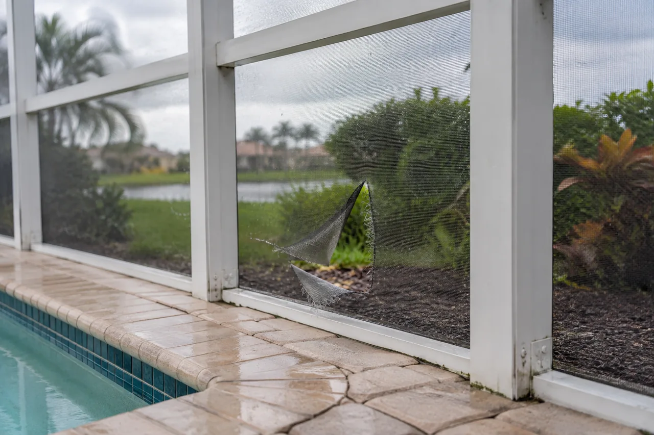 Wet lower screen panel with a small mesh tear above damp patio pavers