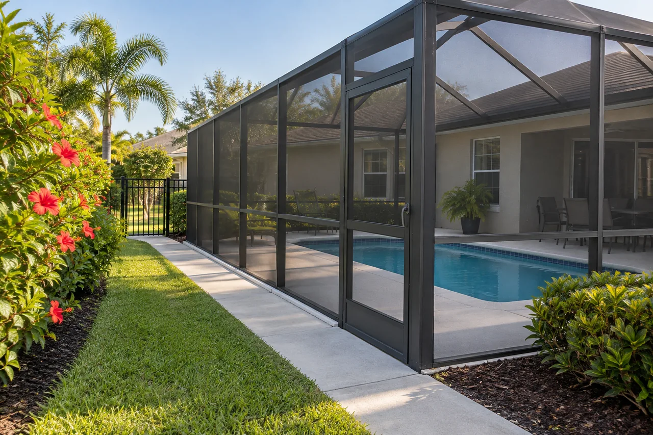 Clear ground-level access along the side of a compact screened pool enclosure