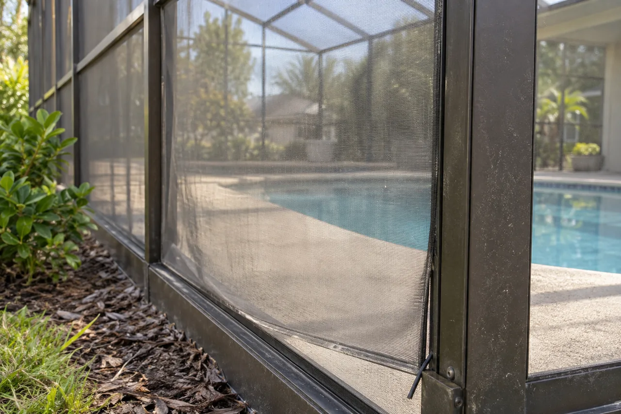 Aging pool cage mesh sagging slightly inside a bronze frame