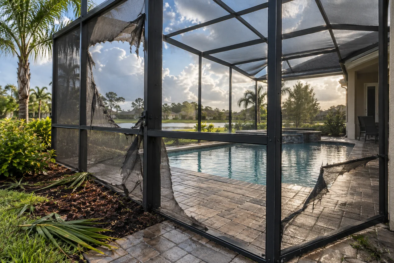 Pool enclosure with torn screen panels and palm debris after rain